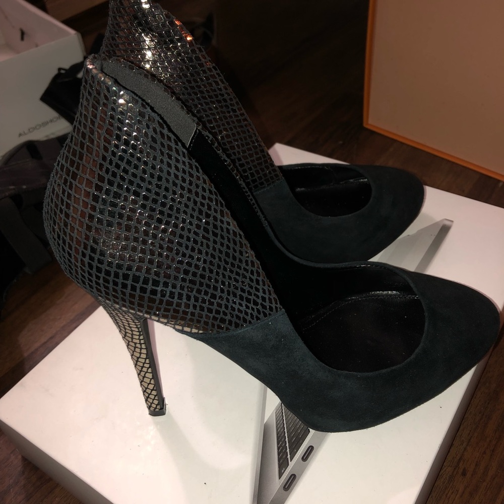 Black suede and metallic heel